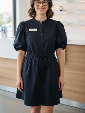 GAP Poplin Puff Sleeve Button Front Blue Drawstring Waist Unlined Dress